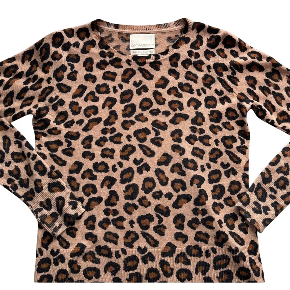 Cynthia Rowley 100% Cashmere Leopard‎ Print Crewneck Sweater Tan Brown Womens S